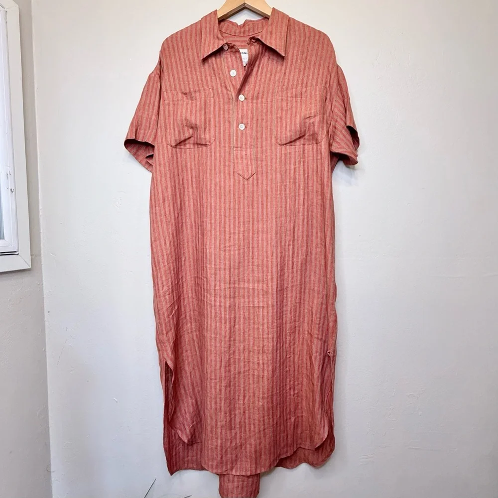 Caron Callahan | Striped Linen Henley Relaxed Midi Shirt Dress - Picture 7 of 16